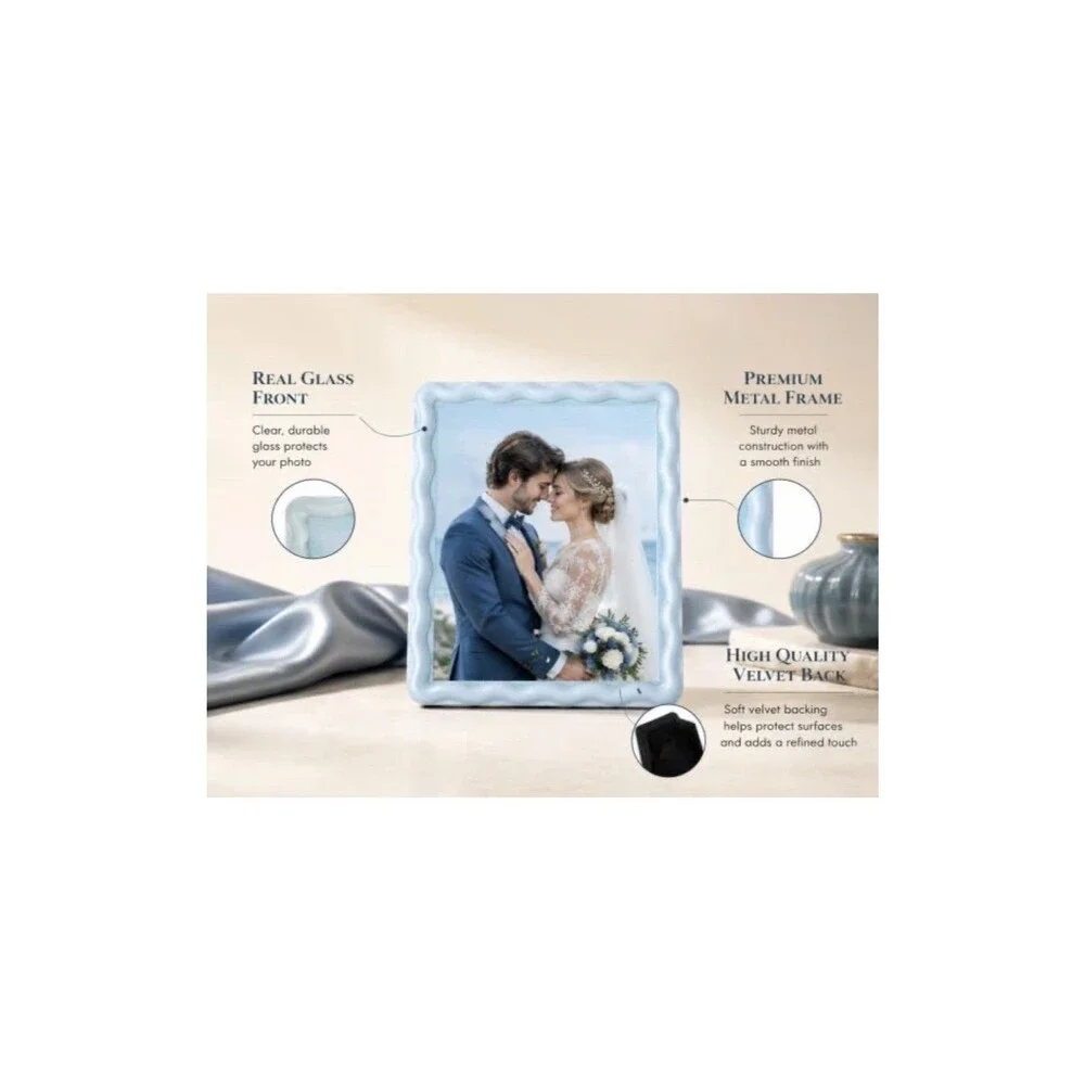 Light Blue Wavy Metal Picture Frames 6x6 Set of 2 Matted 5x5 Real Glass